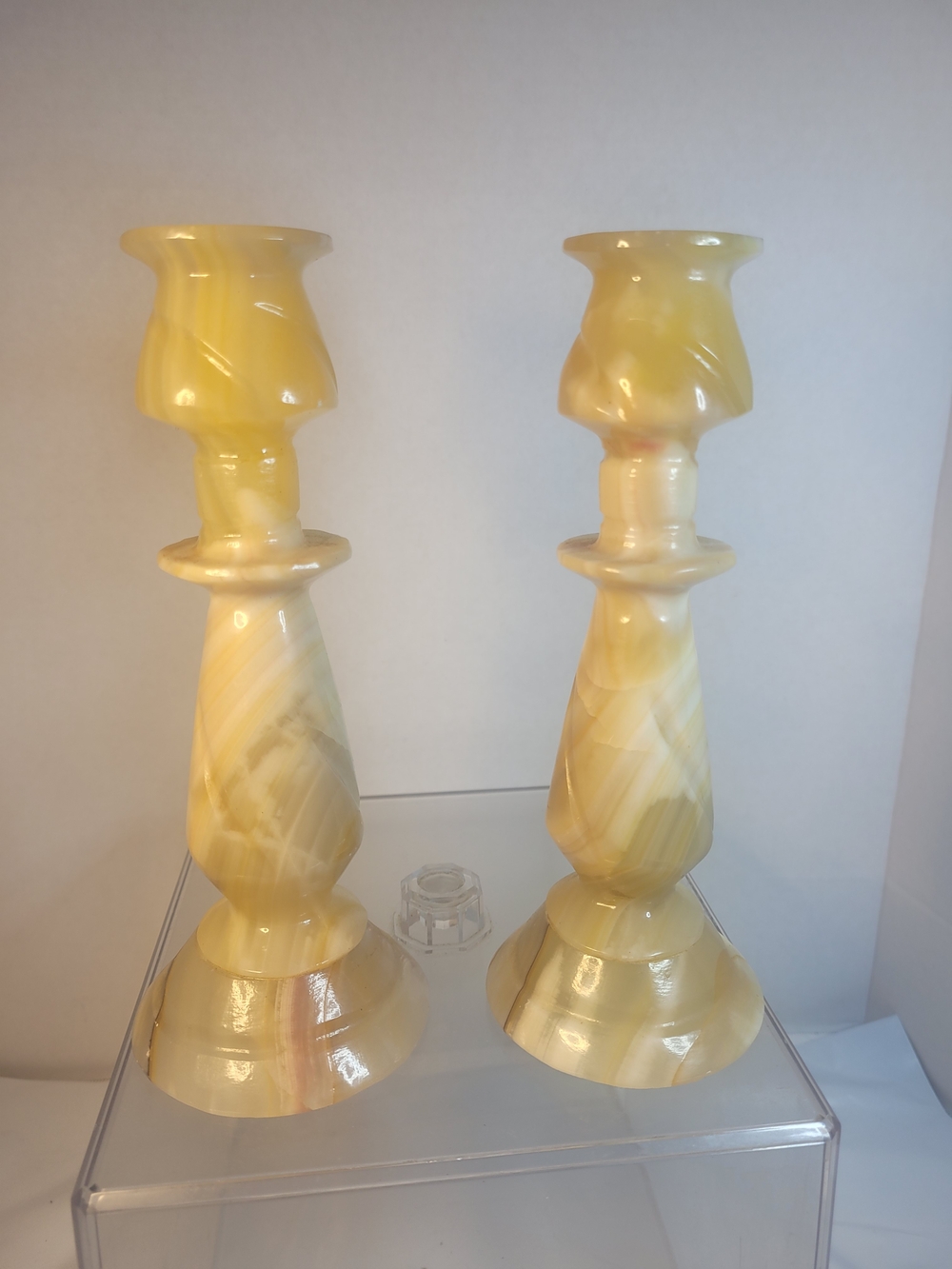 Vintage Onyx Alabaster Carved Stone Candle Holders Pair Swirled Marble (S)